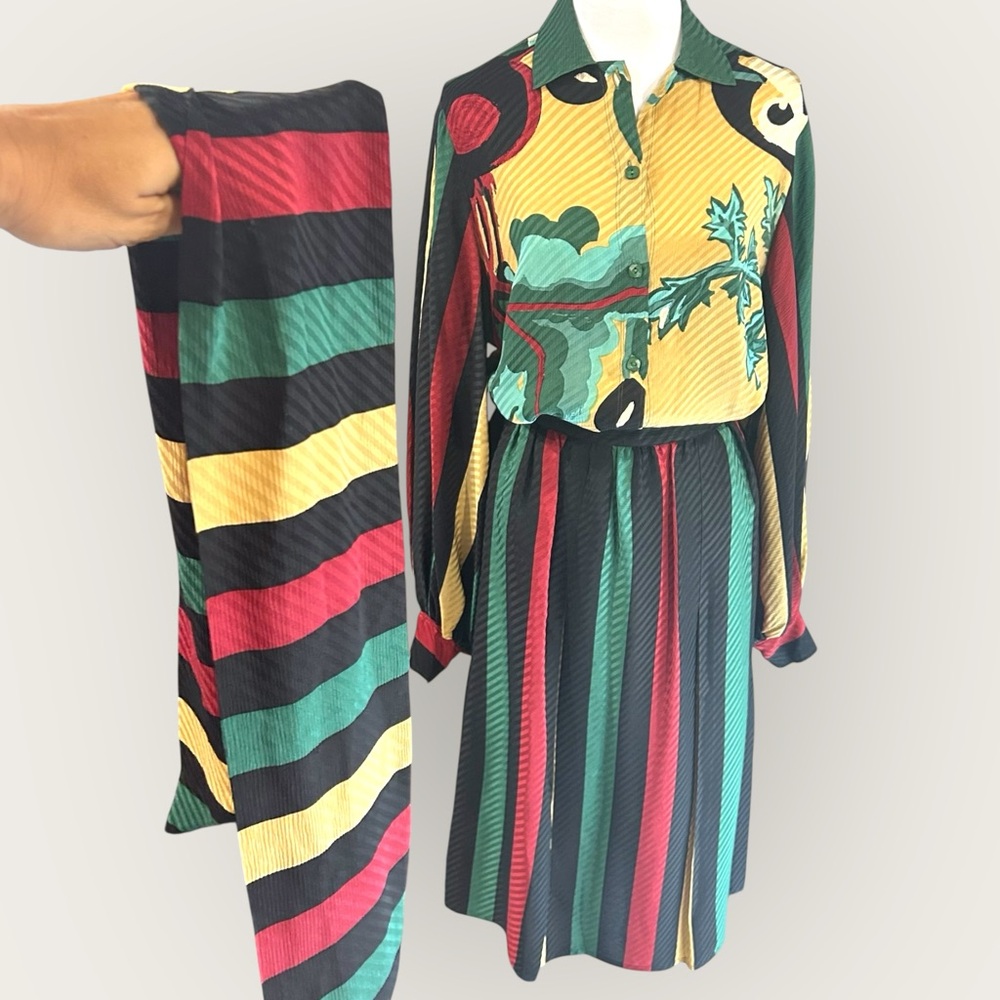 Michaele Vollbracht Late 70s Early 80s Silk Set Blouse‎ M Skirt 10 Scarf Vintage - Picture 3 of 16
